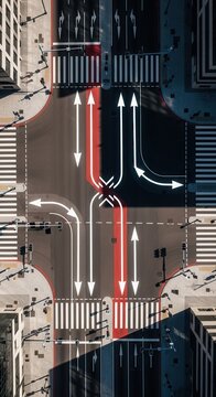 Aerial View Of Busy Intersection Depicting Traffic Flow and Directional Road Markings
