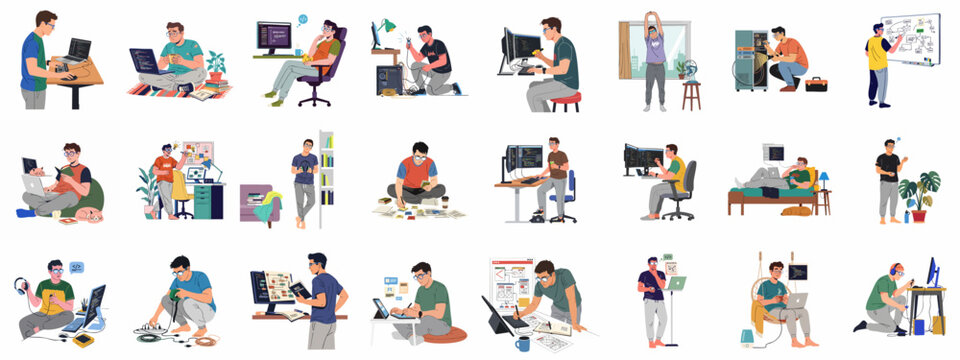 Diverse scenes of a tech professional's daily life: coding, design, IT support, and creative problem-solving in various modern work environments and relaxed settings.