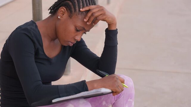 young woman sitting outdoors studying stressed, holding head over notebook, pen poised, anxious expression, braided hair, urban sidewalk setting, casual clothing, tense posture, exam preparation mood.