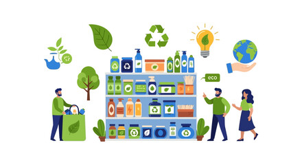 Naklejka premium Sustainable Shopping: Eco-Friendly Products & Green Lifestyle Concept Illustration