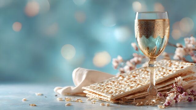 Traditional Passover symbols: a glass of wine and matzah wafers on a table.