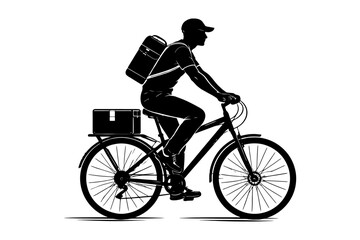 Obraz premium Silhouette of male cyclist delivering package on bicycle.