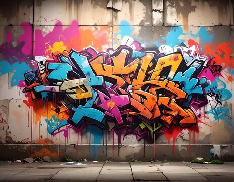 A vibrant graffiti mural adorns a weathered concrete wall, exploding with multi-colored spray paint, dynamic composition, and urban style