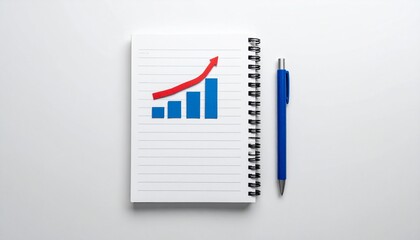 Growth concept notebook shows increasing bars and upward arrow on white backdrop simple and clean image.