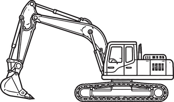 Hydraulic Excavator Machine Black and White Line Art Construction Engineering Equipment Vector