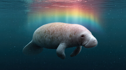 Fototapeta premium Manatee, Manatee swimming underwater with light rays and bubbles around it