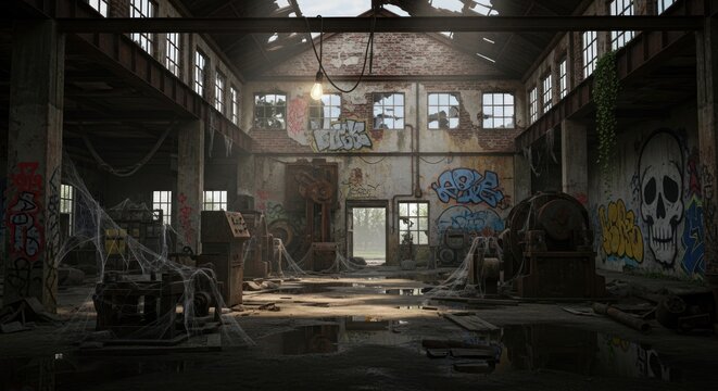 Abandoned Industrial Building with Graffiti Walls.