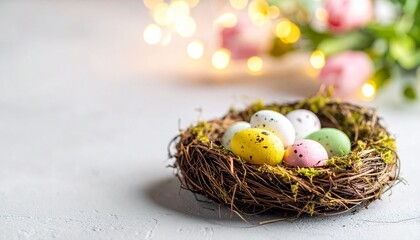 Obraz premium Easter Nest with Painted Eggs and Tulips on Light Background for Holiday Celebration and Decoration with Bokeh Lights.
