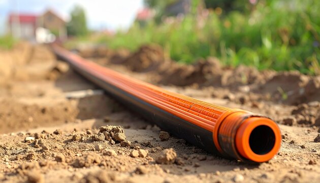 Black and orange pipe trench construction in soil underground piping infrastructure project modern utility.