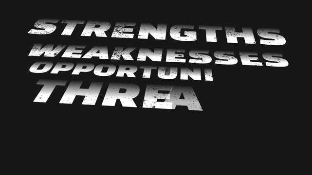 Conceptual 3D SWOT analysis typography business strategy planning through strengths weaknesses opportunities and threats in a modern distressed style