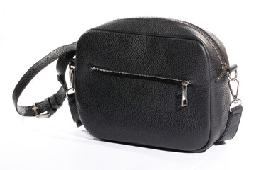 Black women's leather bag on a white background