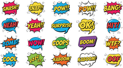 Comic speech bubbles with sound effect words pop art style vector illustration set © MdRissalat