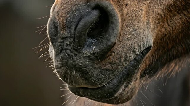 Detailed close-up capture of a horse's sensitive muzzle and nostrils, highlighting textured fur in natural outdoor light.
