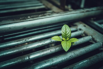Green Plant Growing on Industrial Metal Surface, Sustainability in Industry Concept