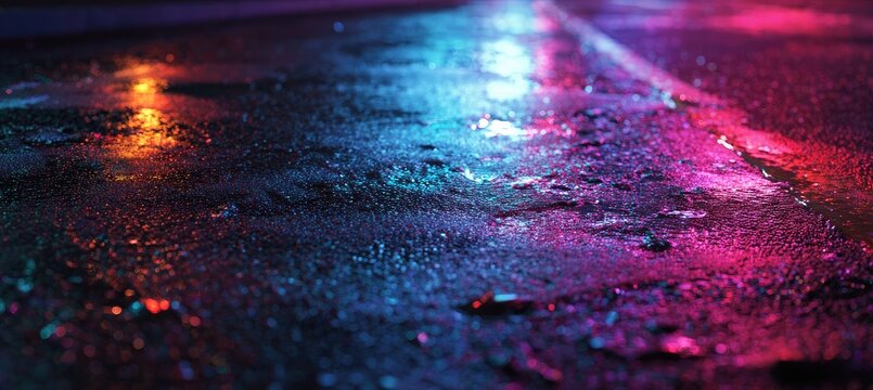 Night street with vibrant neon lights reflecting on wet asphalt