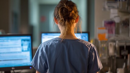Fototapeta premium Doctor Back View Looking at Computer Monitor in Clinical Setting
