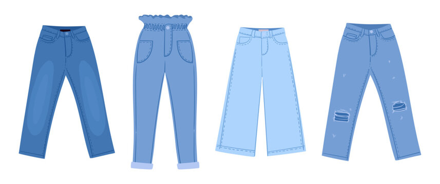 Cartoon jeans. Denim pants, casual denim fabric garments flat vector illustration set. Jeans fabric pants on white background