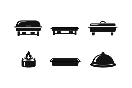 Collection of black icons representing chafing dishes and serving utensils