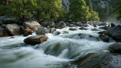 Obraz premium A rushing river carves through a rocky landscape, surrounded by lush green trees