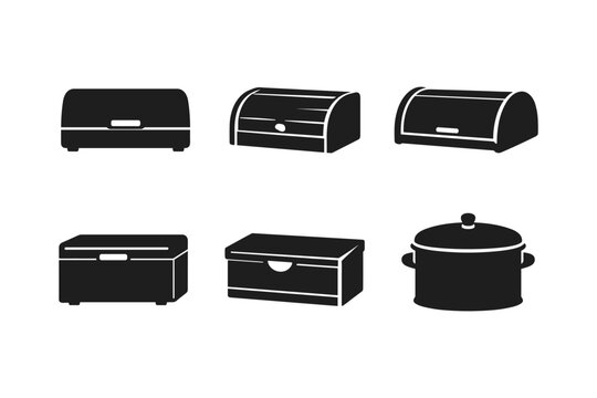 Collection of kitchen storage containers and a cooking pot, black icons on white background