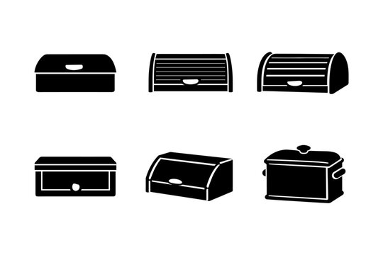 Collection of six different black bread box icons on a white background