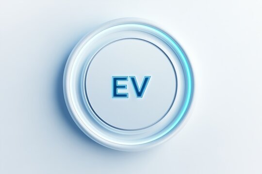 Electric vehicle icon with ev logo on circular radar button glowing blue light on white background symbolizing eco friendly transportation technology