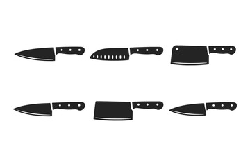Collection of six different kitchen knives and cleavers in black silhouette on white background