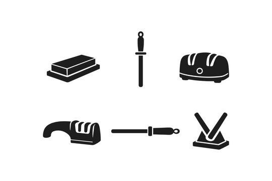 Collection of kitchen utensil icons including sharpening tools and a toaster