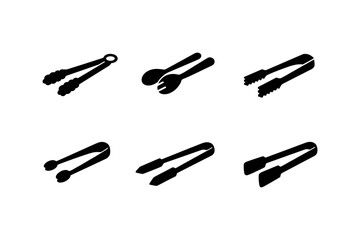 Obraz premium Collection of six different black silhouette icons of kitchen tongs and serving utensils