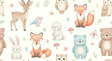 Obraz premium Cute forest animals seamless pattern, watercolor illustration for kids, baby shower, nursery decor