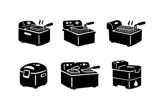 Collection of black and white icons representing various deep fryers and kitchen appliances