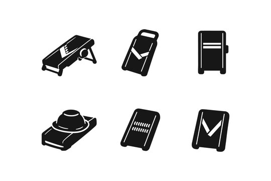 Collection of six black and white icons representing different types of mandoline slicers