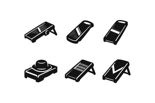 Collection of six different black and white mandoline slicer and grater icons