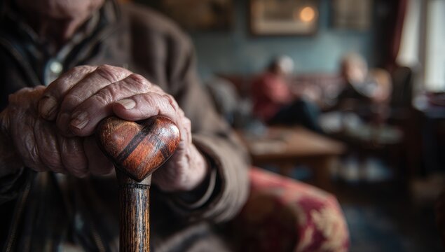 Close-up of elderly hands gripping a wooden cane in a dimly lit room.