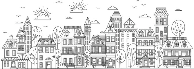 Hand drawn city street houses vector illustration urban neighborhood skyline line art architecture background © Rumi
