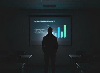 Obraz premium Man Silhouetted Against Presentation Screen Showing Bar Graph and Data Analysis in Dark Conference Room