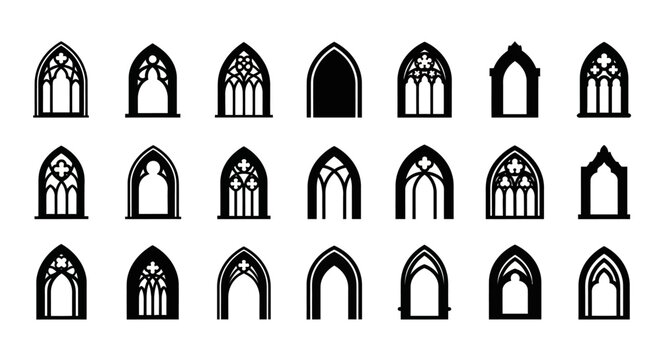 A comprehensive collection of distinct gothic architectural arches and ornate window frames, showcasing historical European design elements for decorative purposes