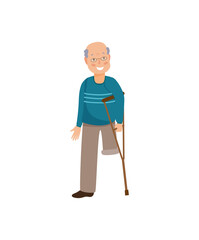Vector illustration of a senior man with one leg using a cane standing.