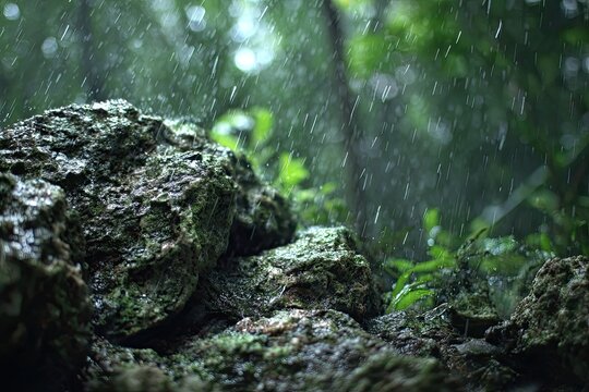 Close-up of mossy rocks and green foliage in a forest during a heavy rainfall