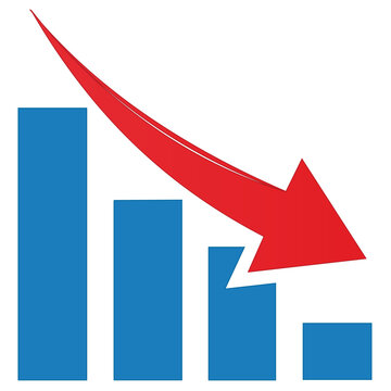 Vector icon of bar chart with blue bars showing a downward trend. Red arrow points downwards, depicting decrease in metrics. Concept of finance, analytics, marketing