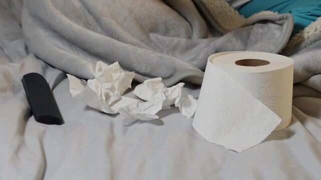 Woman lying under a blanket in bed crying and tossing away tissues used to wipe her tears, representing sadness, emotional vulnerability and personal distress at home.