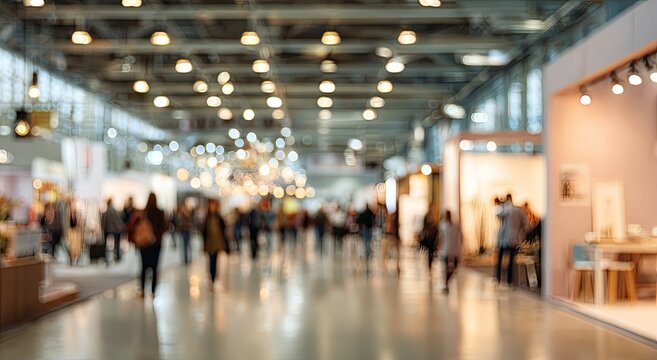 Blurred image of a busy trade show exhibition hall with many people walking.