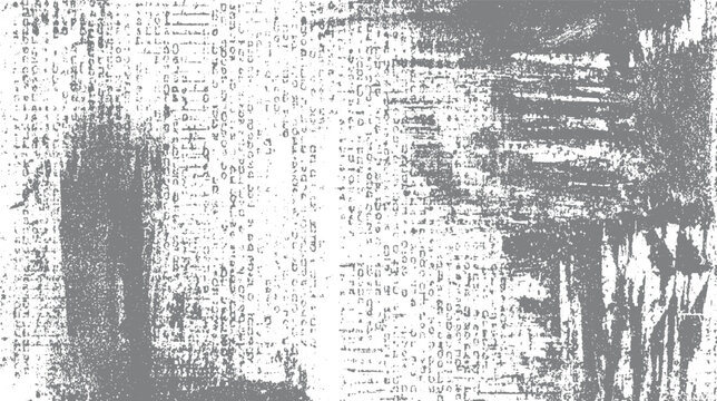 Grayscale textured background with abstract distressed brush strokes and scattered digital characters