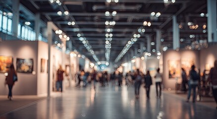 Fototapeta premium Art Exhibition Hall with Visitors Viewing Paintings.