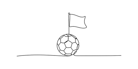 A single line drawing of a soccer ball with a corner flag, symbolizing the game of football. Vector, illustration © Creative_Outline2019