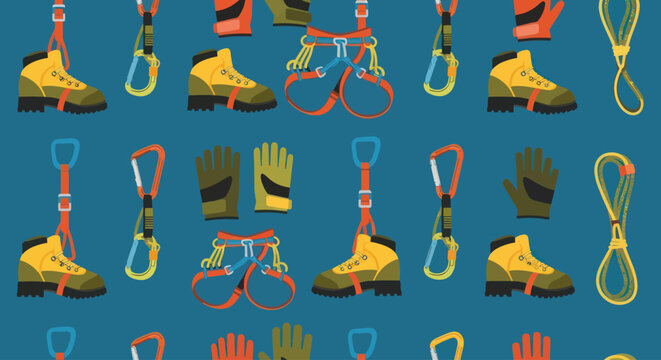 Seamless pattern with rock climbing and mountaineering equipment gear on blue background