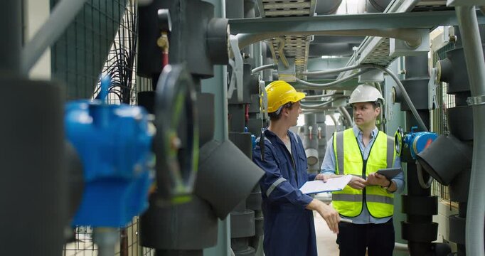 Professional engineer is inspecting industrial machinery valves in a modern plant, focusing on operational efficiency, quality control, and industrial safety compliance.