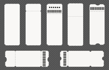 Set of 7 Blank Ticket Templates with Barcode  and Tear-Off Sections, Featuring Rounded, Scalloped, and Straight Edge Variations for Event Admission or Printable Design Use