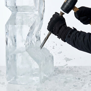 Ice sculptor carving intricate design from ice block with tools  