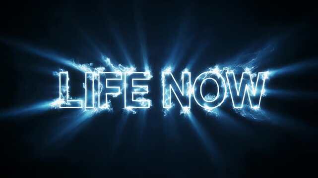 Dynamic neon text glow display of LIFE NOW in a blue night environment, captured from a frontal viewpoint as a graphic illustration